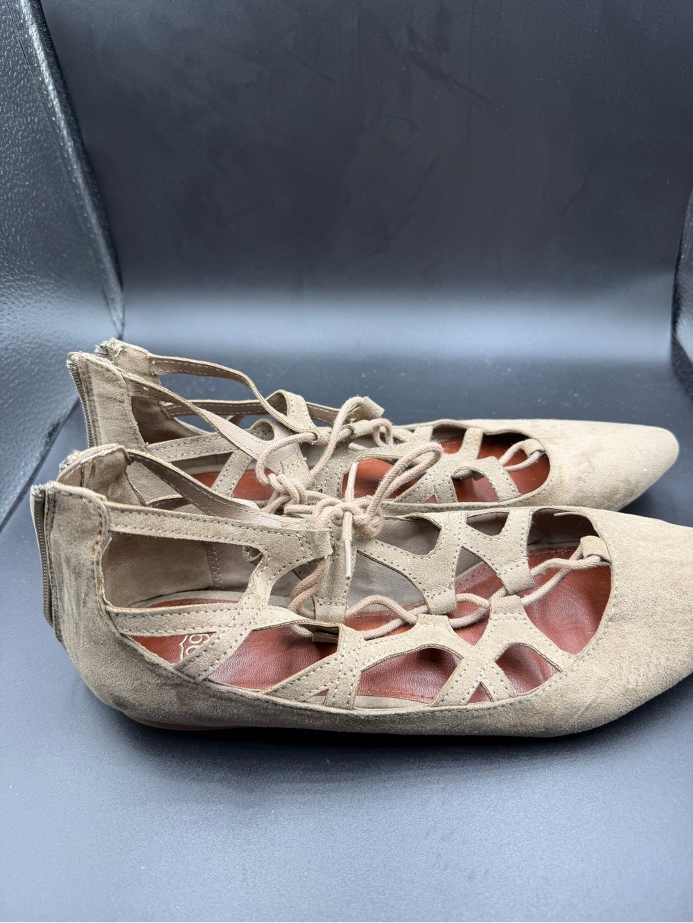 Route 66 Ladies Taupe Lace-Up Pointed Flats